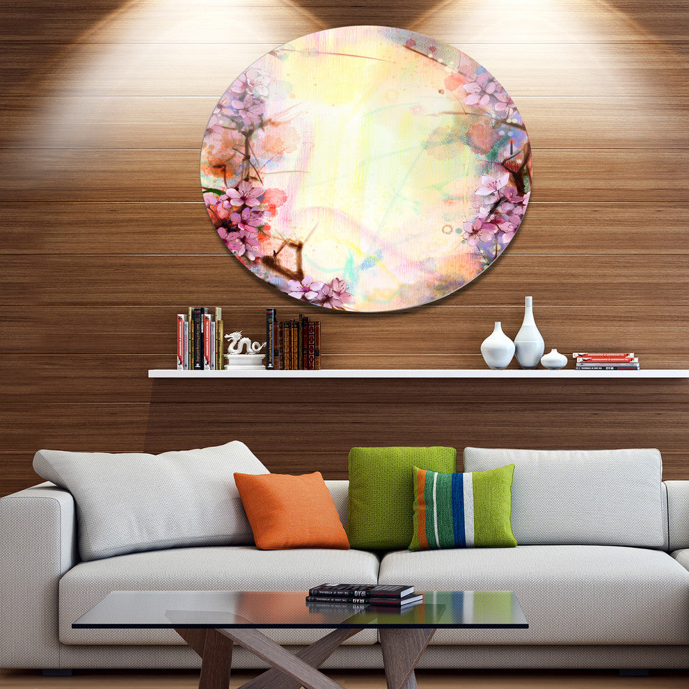 Pink Sakura On Blurred Background, Flower Disc Metal Artwork, 23"
