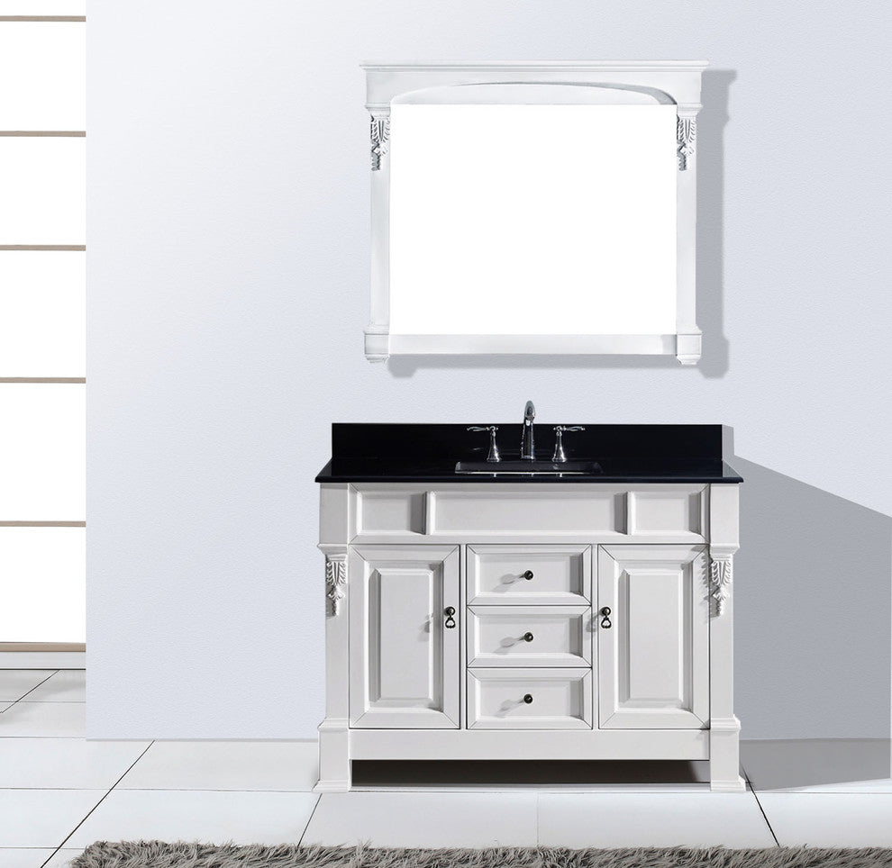 Virtu Huntshire 48" Single Bathroom Vanity, White, Black Granite Top, Mirror
