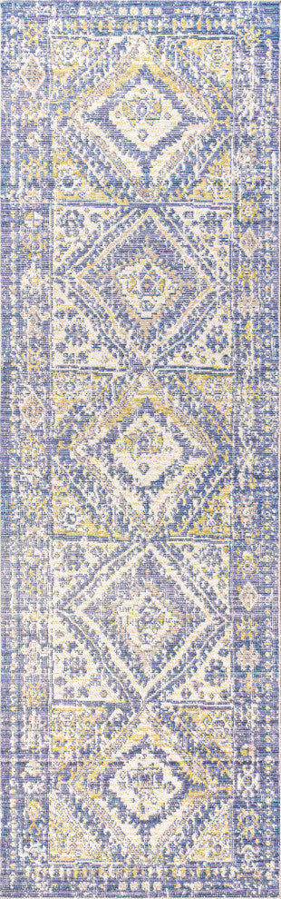 Darija Ornate Geometric Medallion Area Rug, Blue, 2 X 8