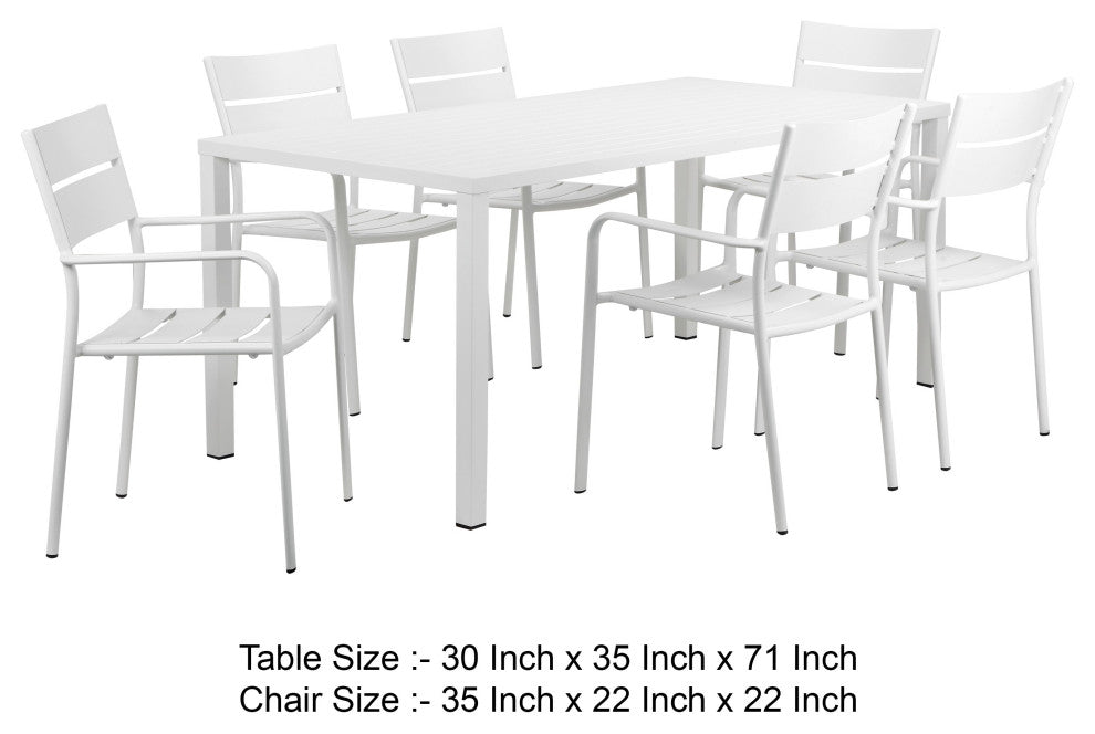 Benzara BM287800 Outdoor Dining Table, Chairs Set, White, Plank Seat and Backs