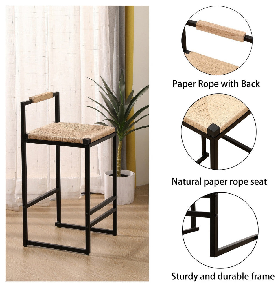 16.54" Natural Back Metal Bar Stools With Paper Rope Woven Seat, Set of 2