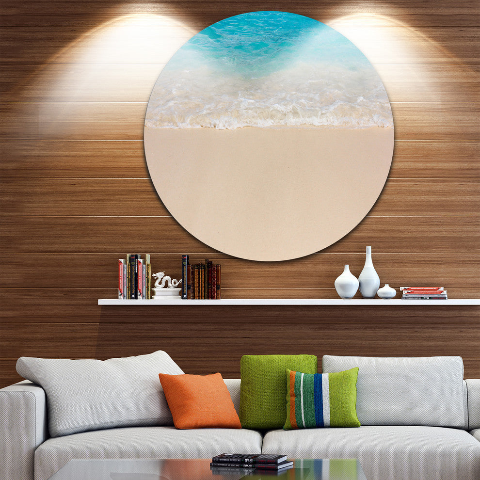 Serene White And Blue Waters, Seashore Round Metal Wall Art, 11"
