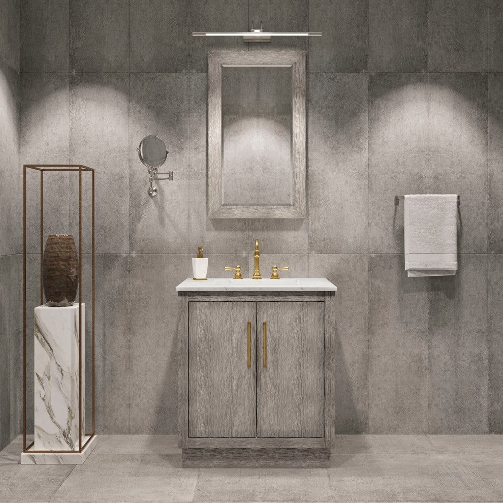 Hugo 30 Single Sink White Marble Countertop Vanity, Gray Oak With Hook Faucet