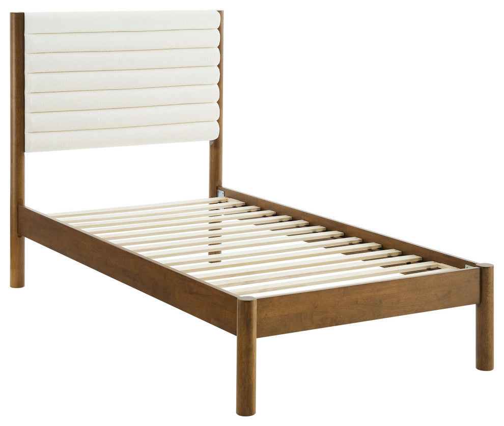 Olea Channel Tufted Boucle Solid Wood Twin Platform Bed, Feather Walnut