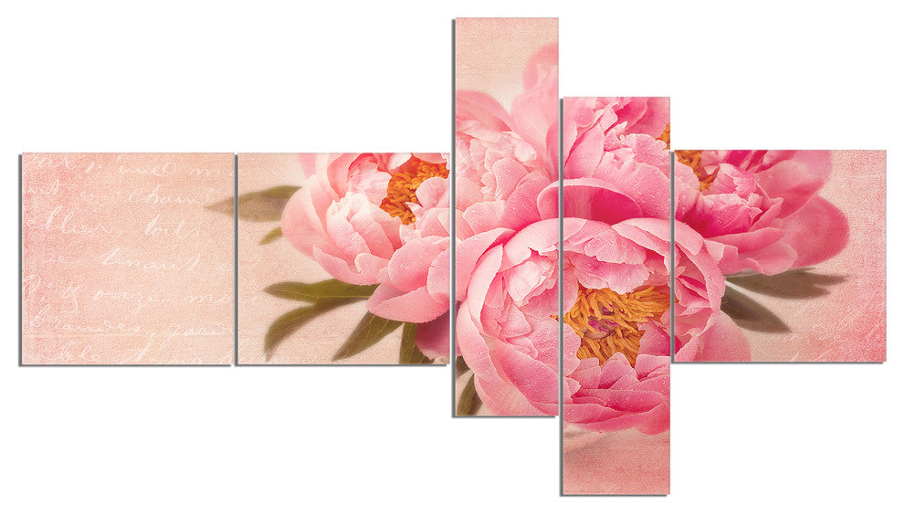 Peony Flowers against Scribbled Back, Floral Canvas Art Print, 60"x32", 5 panels