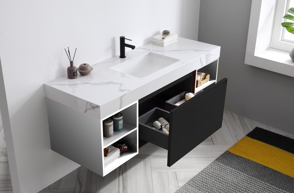 Manarola Matte Black with Thick Quartz Wall Mount Vanity, Open Shelf, 60"