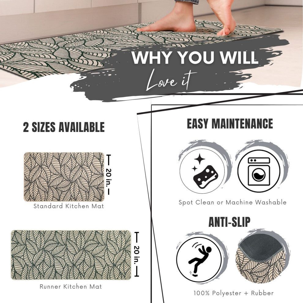Jungle Printed Kitchen Mat 32" x 20" Beige Leaves Design