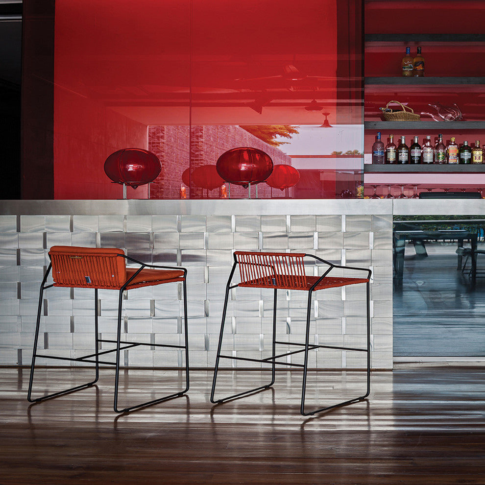 OASIQ SANDUR Barstool with Arm, Rope: White, Cushion: Brick, Frame: White