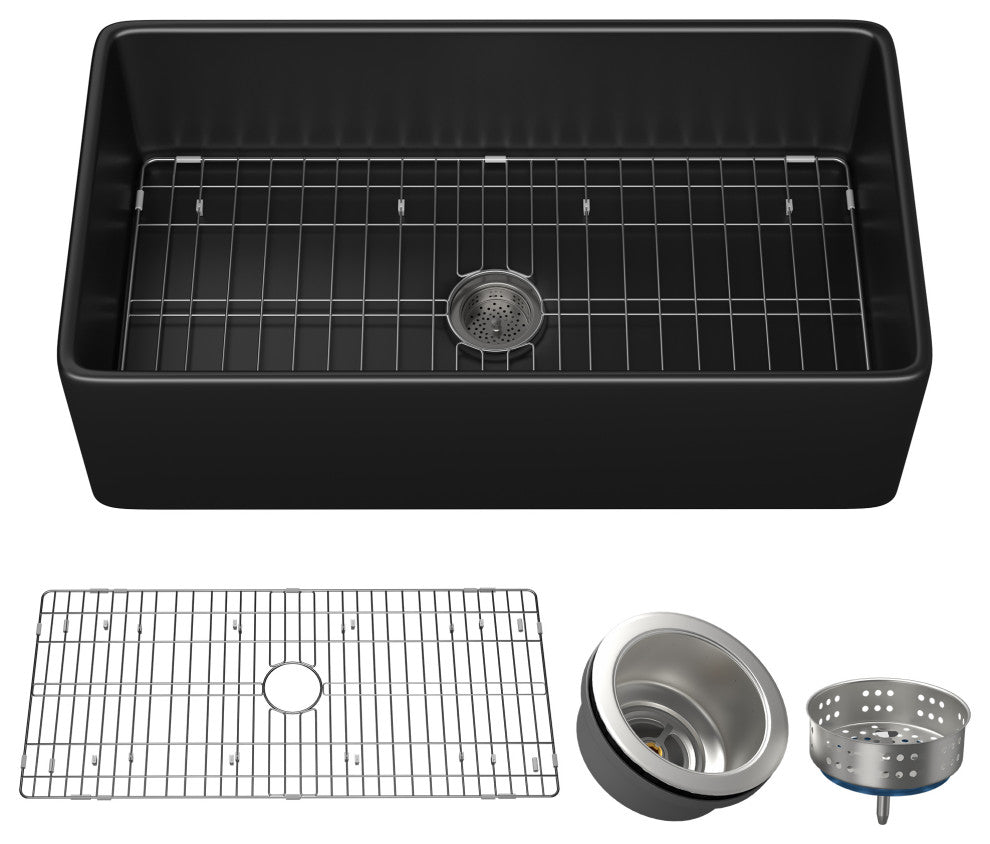 Black Fireclay 33 Inch Single Bowl Farmhouse Apron Front Kitchen Sink