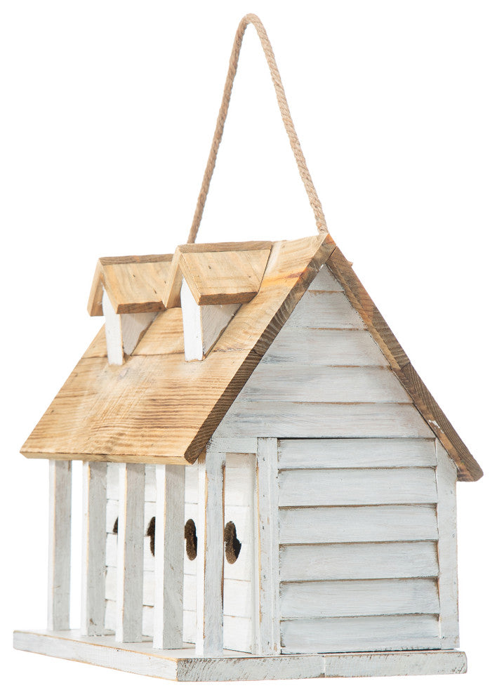 White Distressed Solid Wood Cottage Birdhouse