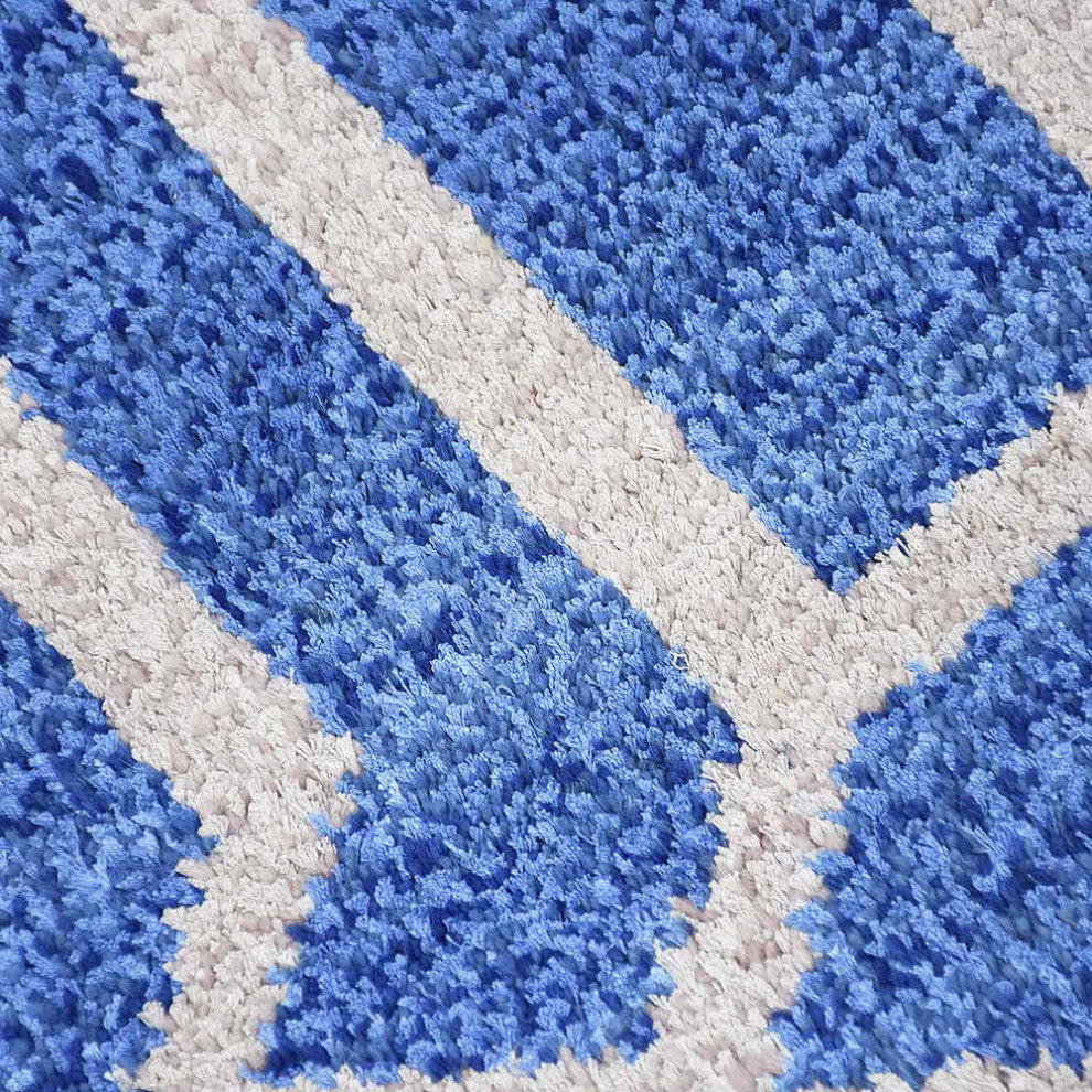 Hand Knotted Wool Area Rug Geometric Blue Beige