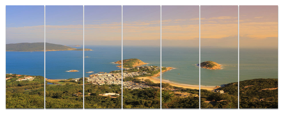 Green Tropical Hiking Route, Seashore Wall Art on Canvas, 83"x32", 7 Panels