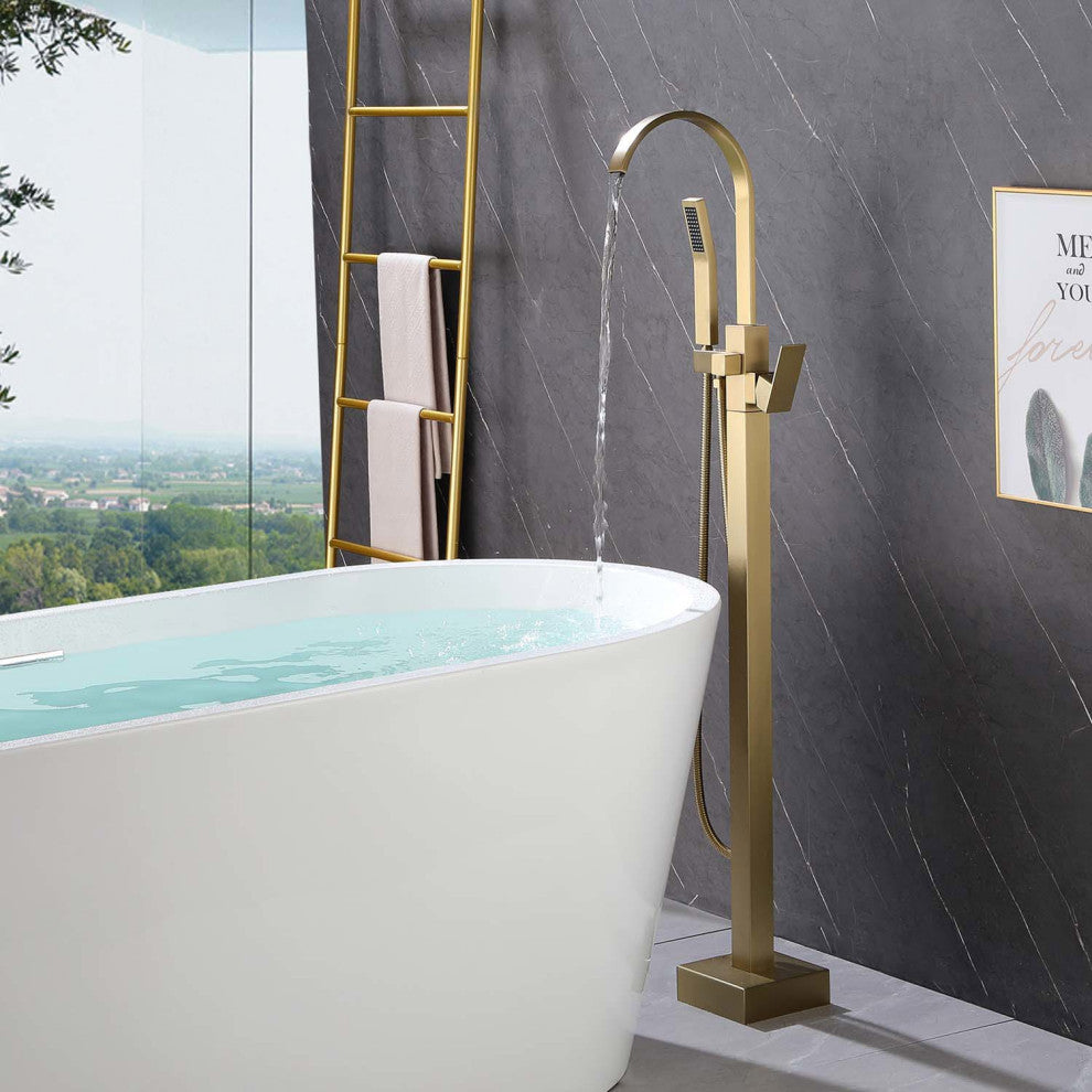 Givingtree Free Standing Single Handle Bathtub Faucet, Matte Black, Gold