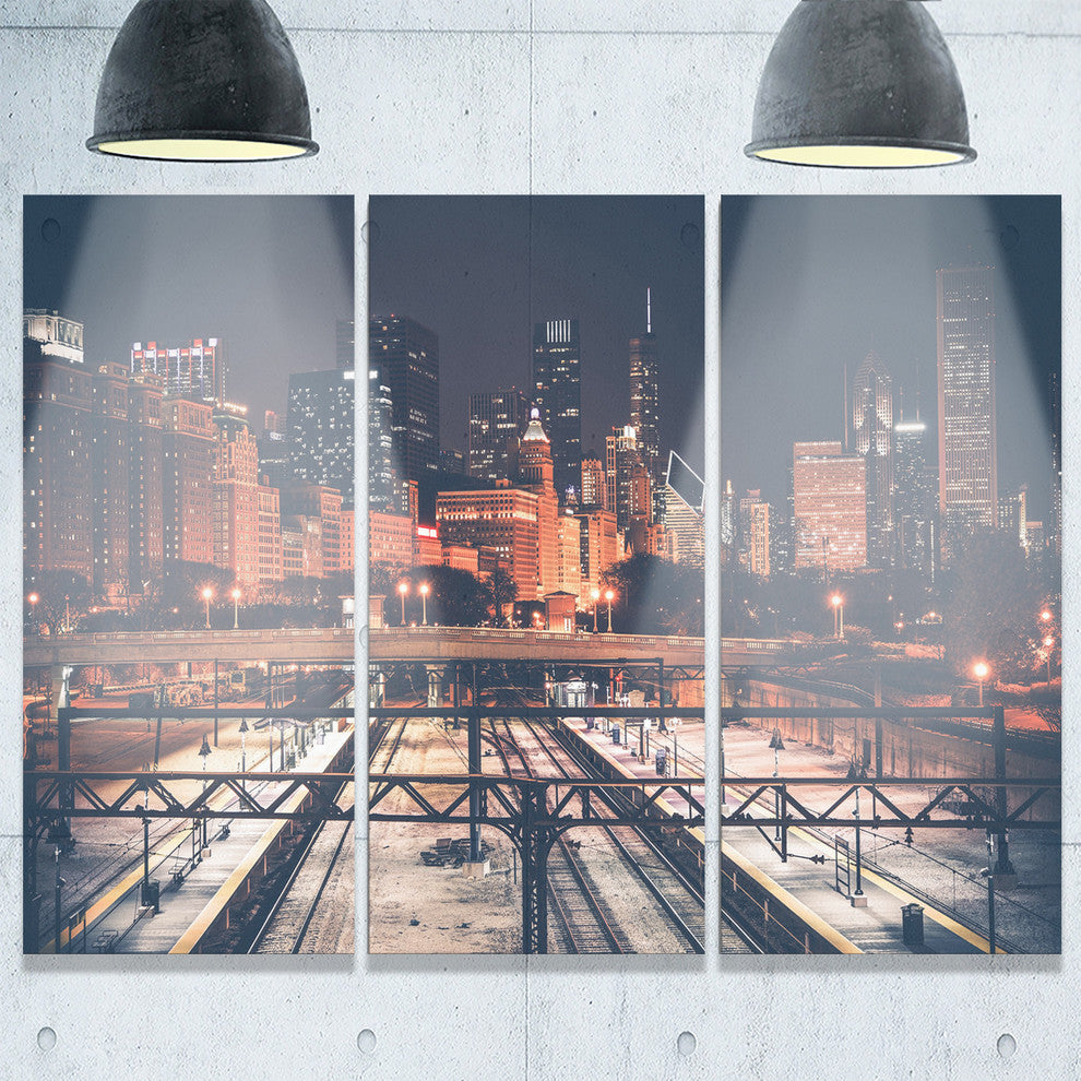 "Dark Chicago Skyline and Railroad" Metal Wall Art, 3 Panels, 36"x28"