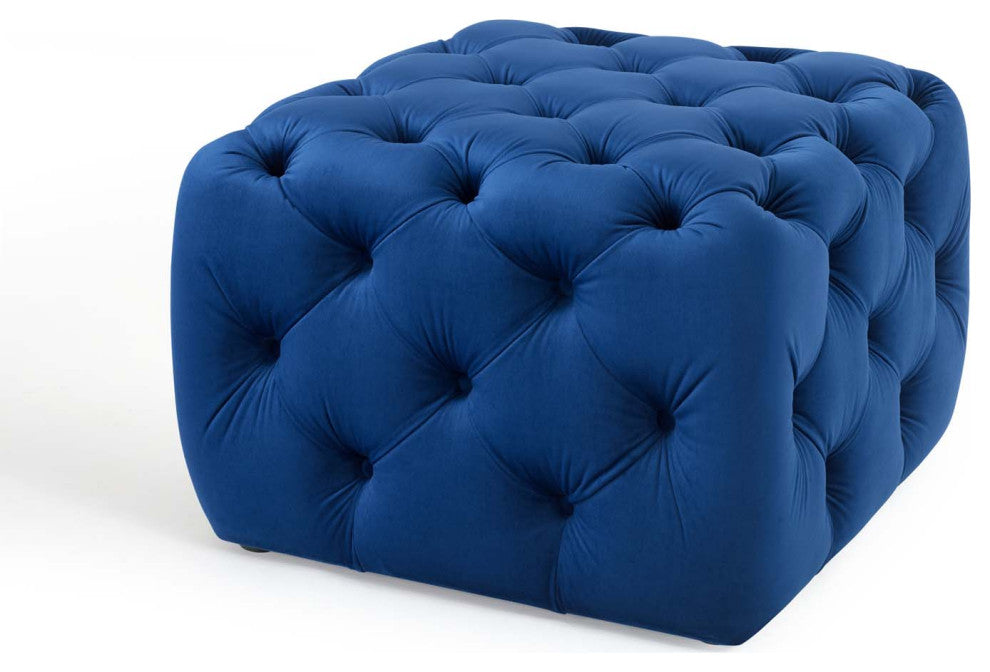 Tufted Accent Chair Ottoman, Square, Velvet, Blue Navy, Modern, Lounge