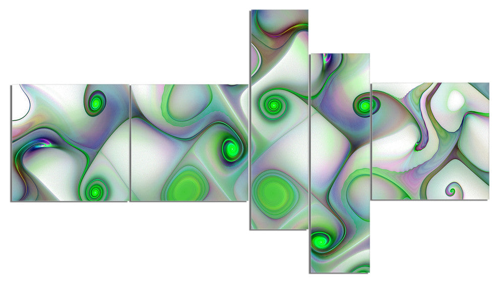 White Green Pattern with Swirls, Abstract Wall Art Canvas, 60"x32", 5 panels