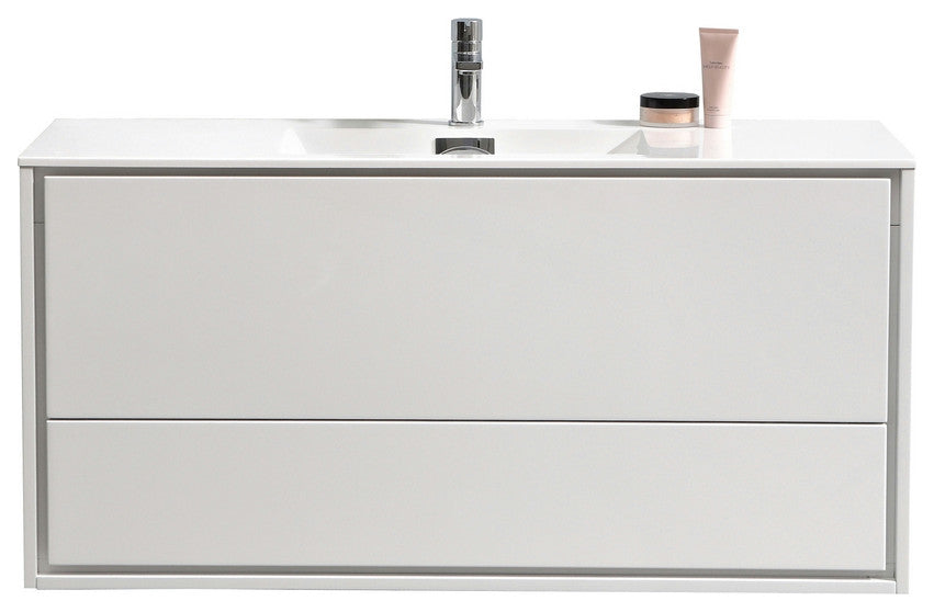 DeLusso 48" Single Sink Wall Mount Bathroom Vanity, Nature Wood, High Gloss Whit