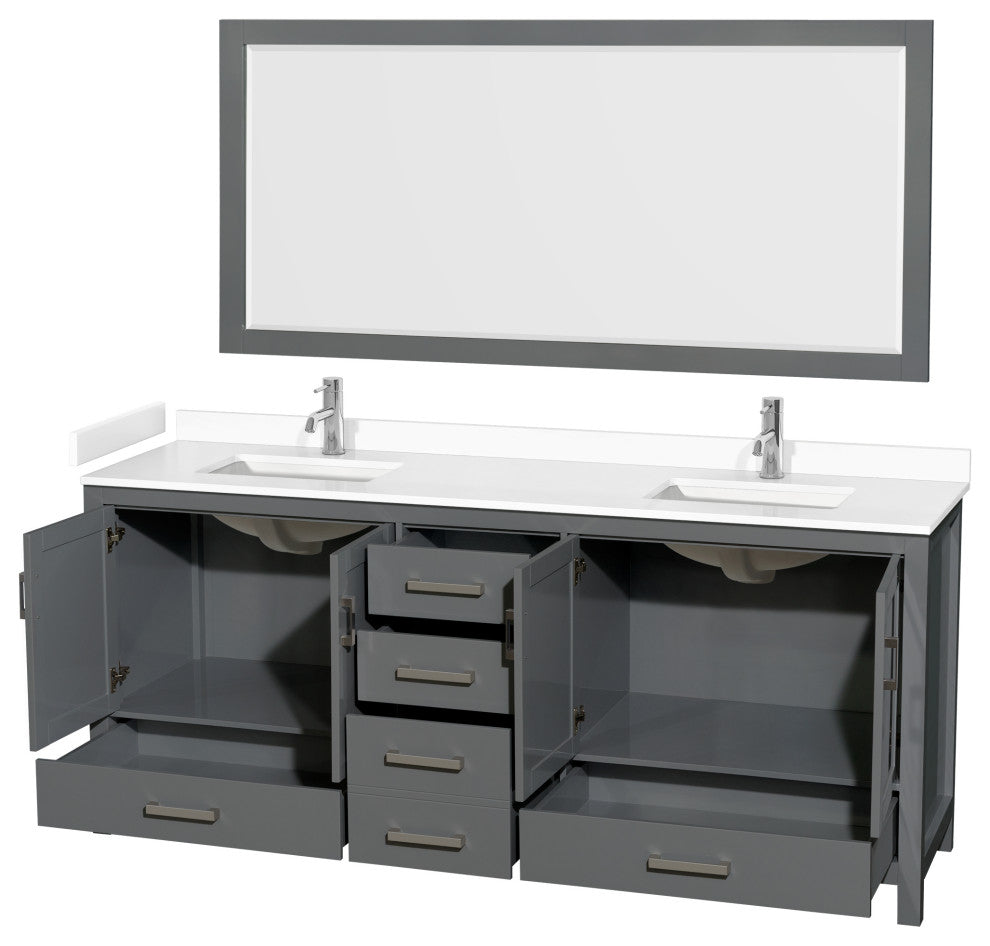 80"DBL Bathroom Vanity Dark Gray, White Cult.Marble Countertop, Sinks, 70"Mirror