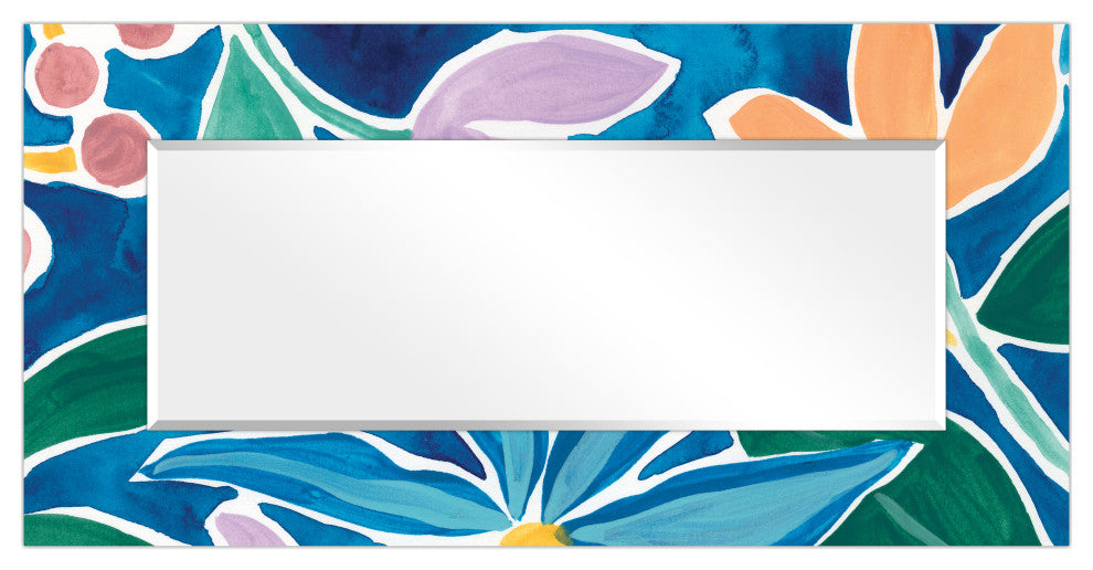 Blue Rectangular Beveled Mirror on Free Floating Printed Tempered Art Glass