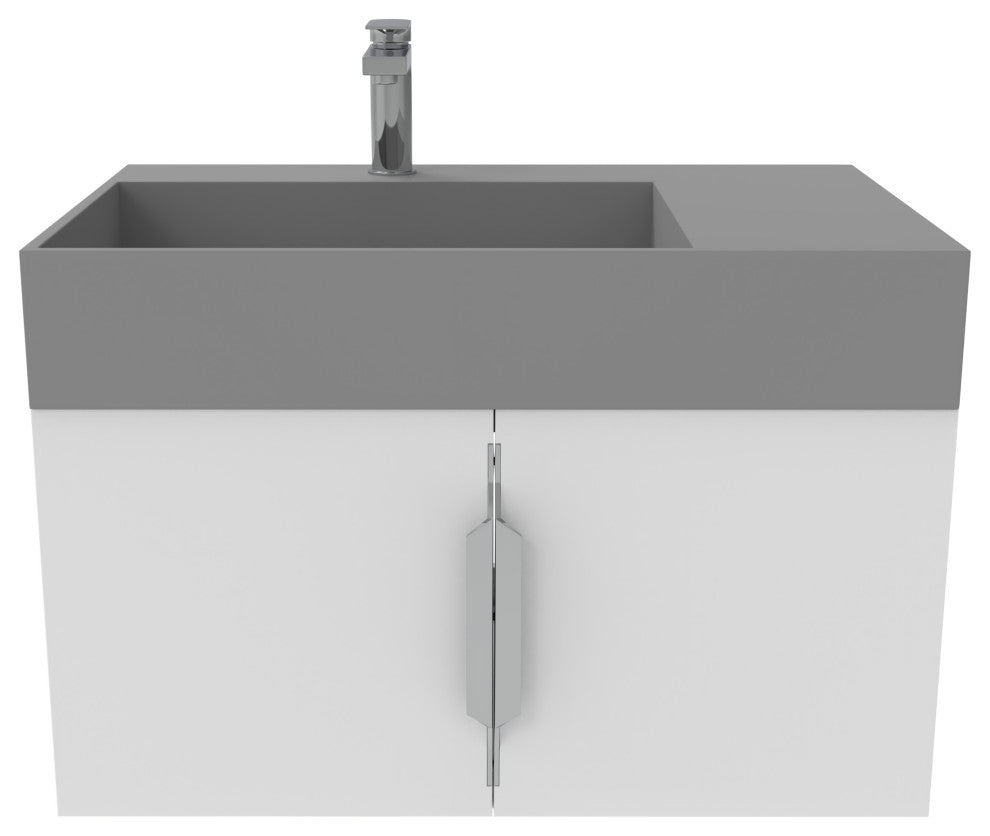 CastelloUSA Amazon 30" Left Wall Mounted Bathroom Vanity Set, White, Gray Top, Chrome Handles