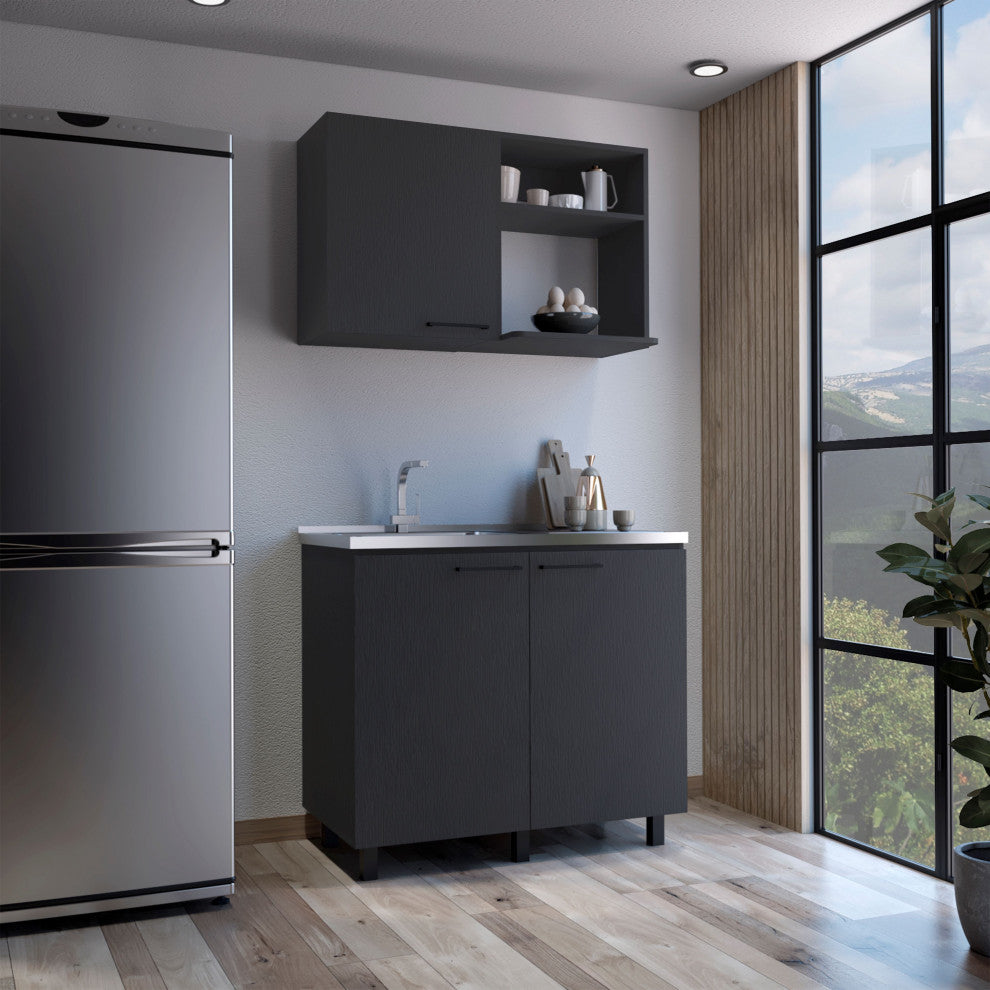 Alexandria 2 Piece Kitchen Set, Wall Cabinet + Utility Sink, Black