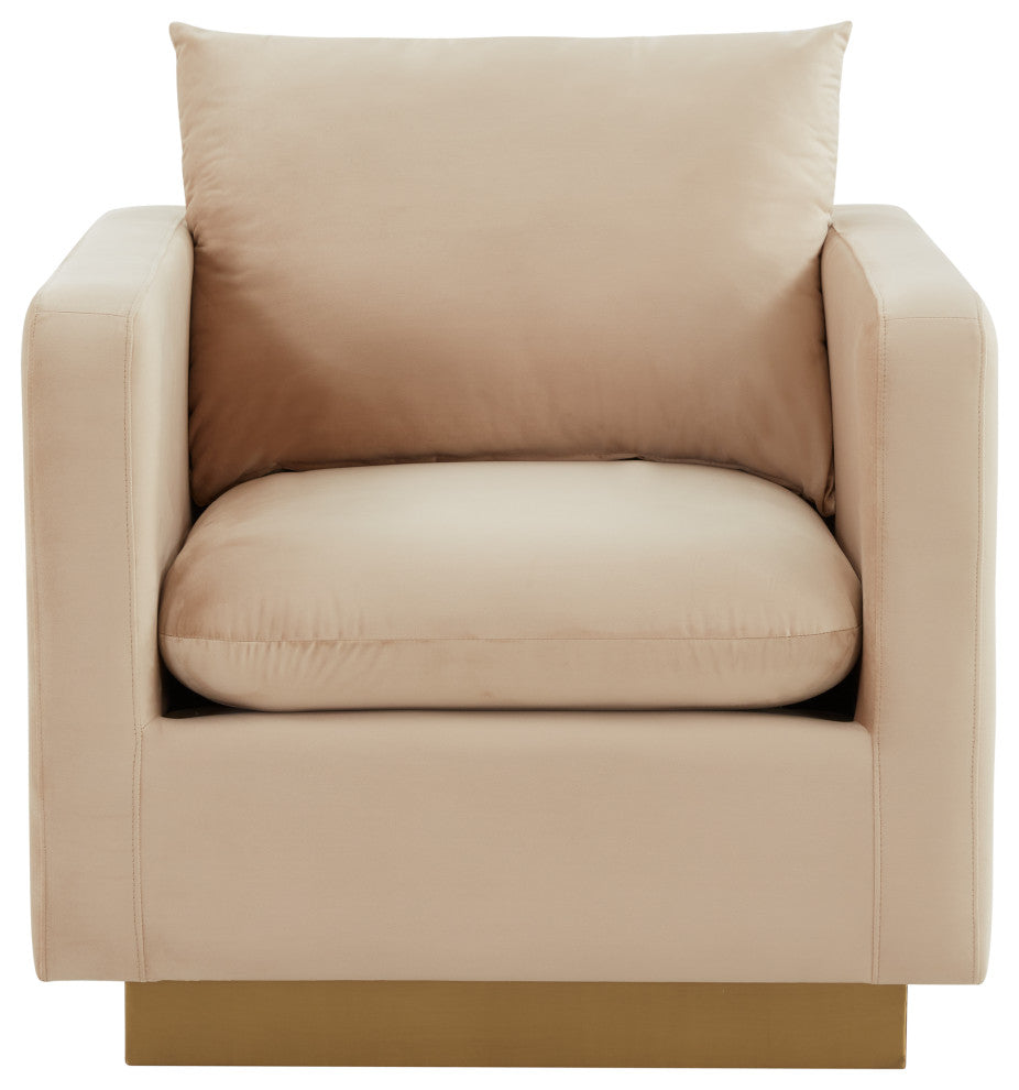 LeisureMod Nervo Modern Velvet Accent Arm Chair With Gold Base, Beige