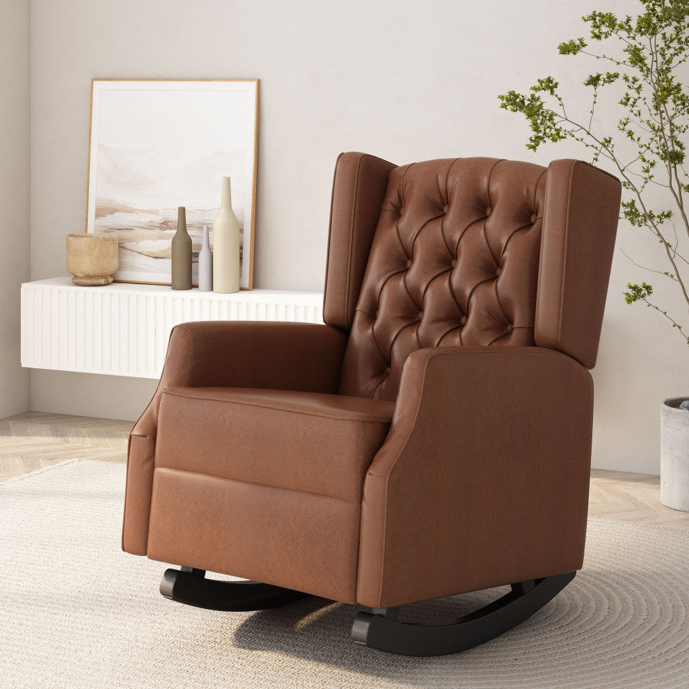 Amedou Faux Leather Tufted Wingback Rocking Chair, Cognac/Dark Brown