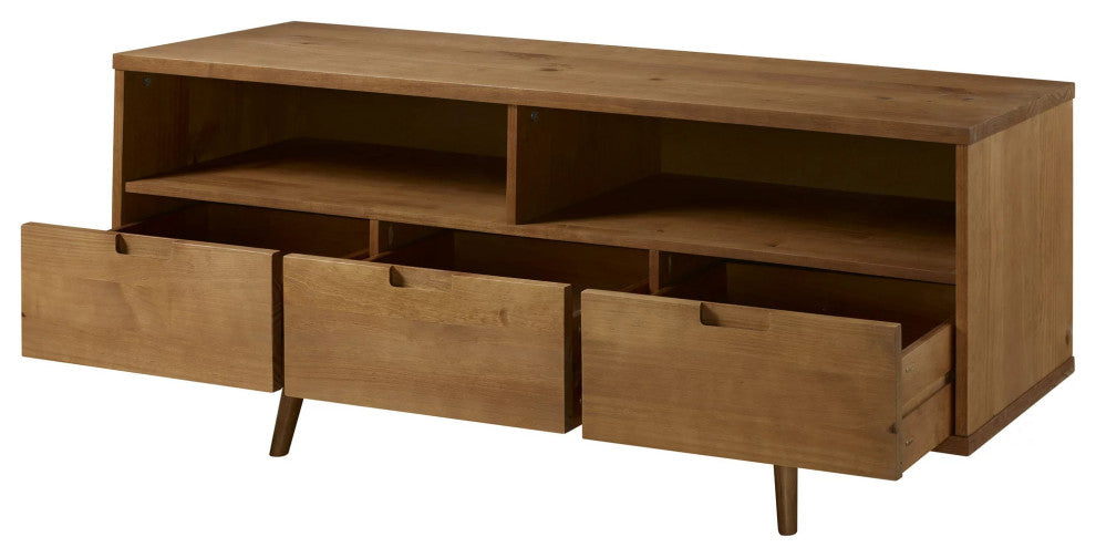 Rectangular TV Stand, Sleek Angled Legs With 3 Open Shelves & 3 Drawers, Caramel