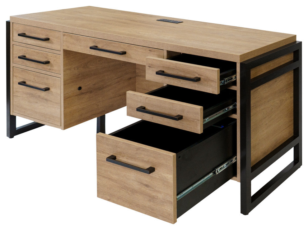 Modern Wood Laminate Double Pedestal Executive Desk, Writing Table, Light Brown