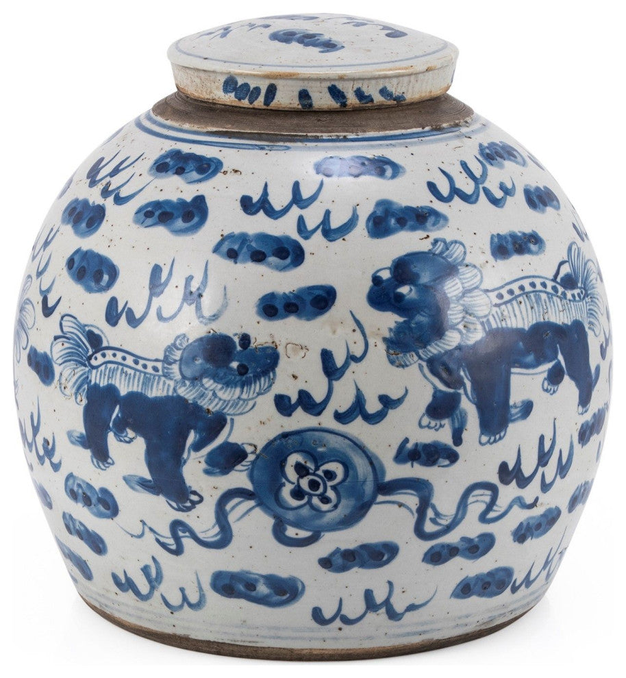 Blue & White Vintage Ming Jar Lion Motif, Large