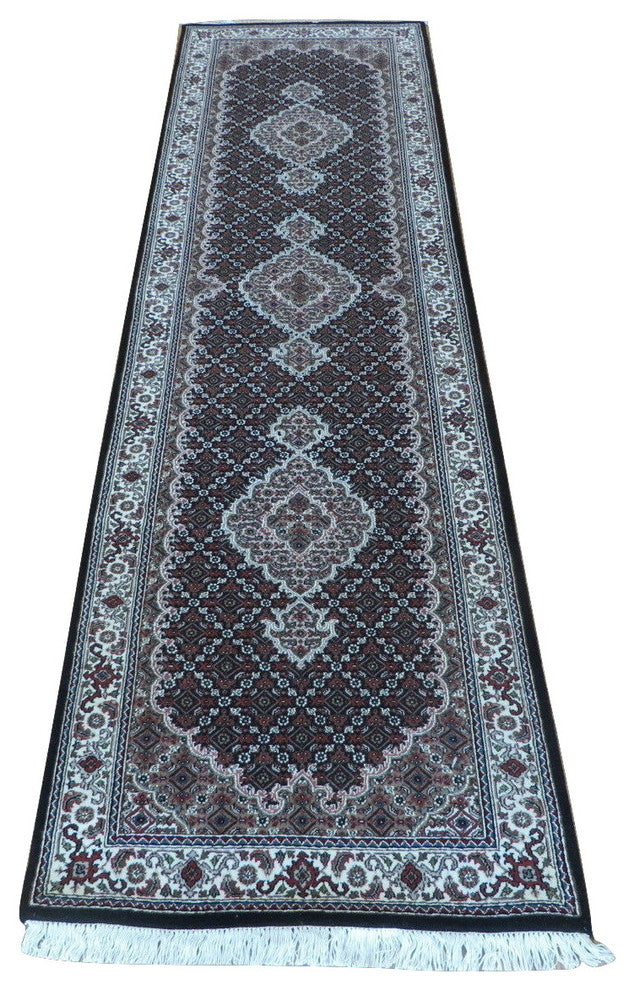 2'9x10 Handmade Fine Black Mahi Tabriz Persian Rug Wool & Silk
