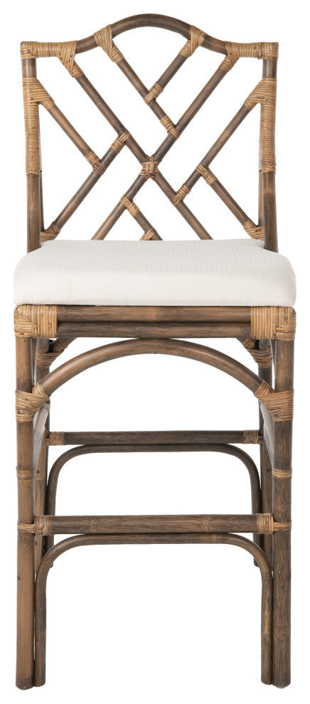 Chippendale Rattan Barstool, Antique Brown and Off-White Upholstery