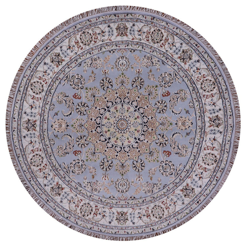 6' Round Persian Nain Wool & Silk Handmade Rug - Q14746