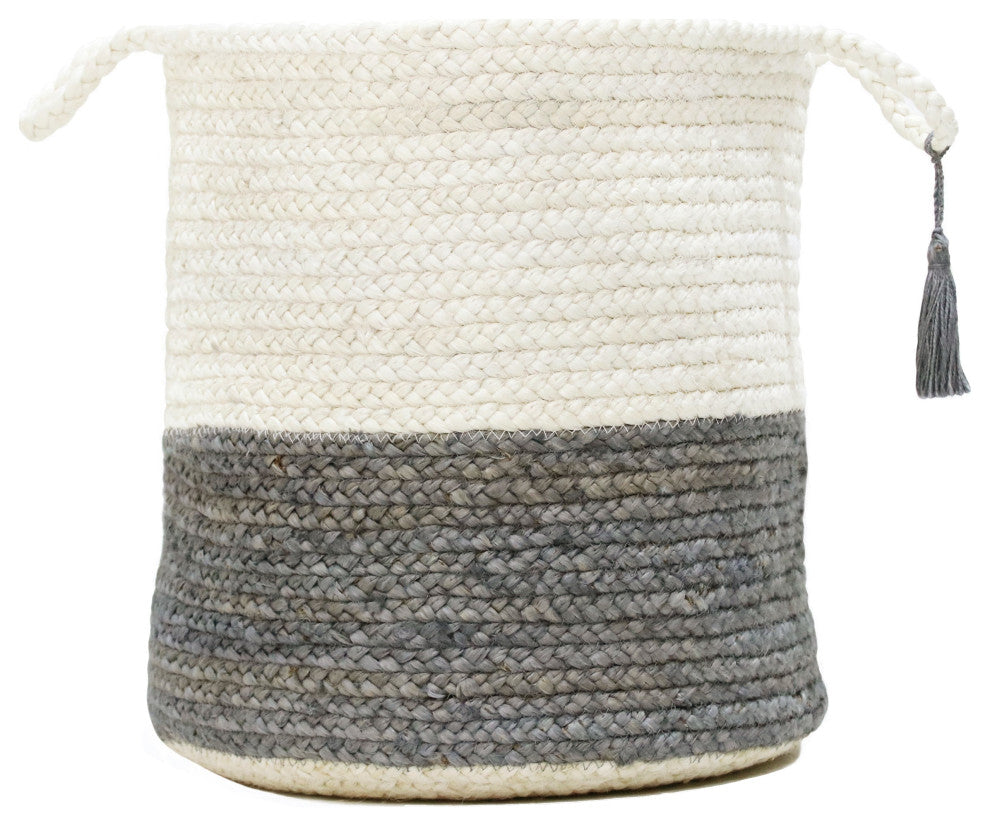 Two-Tone Off-White Jute Decorative Basket With Handles, Frost Gray, 17"