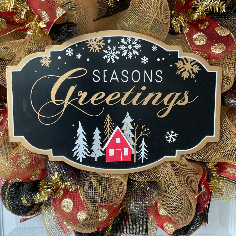 Seasons Greetings Black and Gold Handmade Deco Mesh Wreath