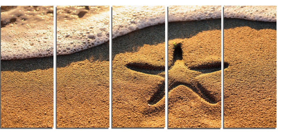 Starfish on Beach with Waves, Large Beach Canvas Wall Art, 60"x28", 5 Panels