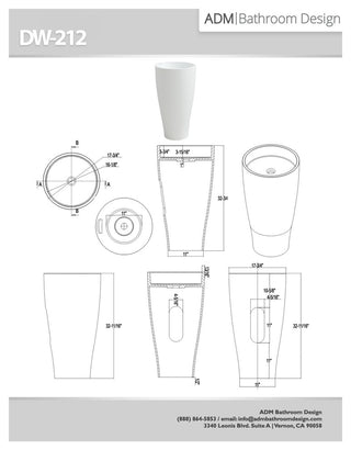 ADM Circular Freestanding Pedestal Sink, White, 18", Matte White