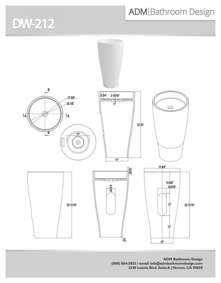 ADM Circular Freestanding Pedestal Sink, White, 18", Matte White