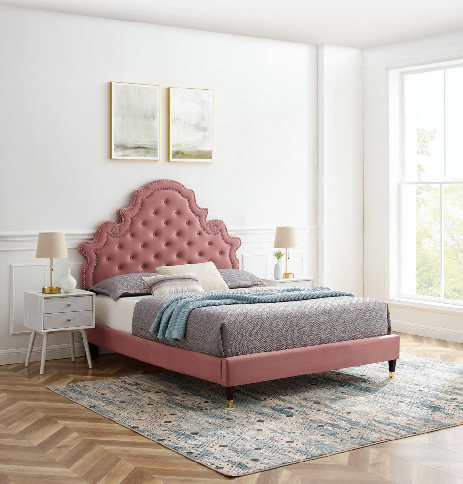 Tufted Platform Bed Frame, Queen Size, Velvet, Pink, Modern Contemporary