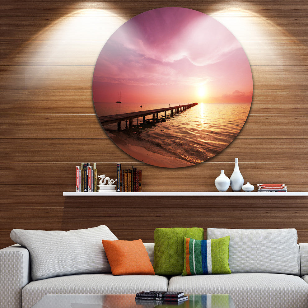 Long Boardwalk Into Sunset Sea, Sea Bridge Round Wall Art, 23"