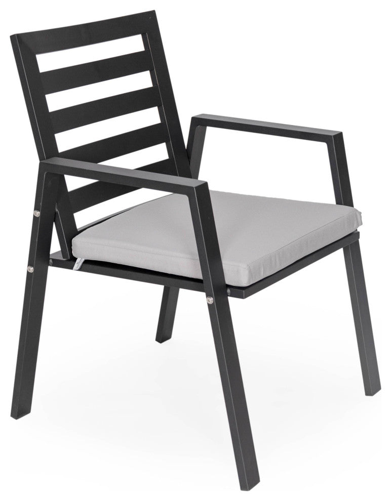 LeisureMod Chelsea Modern 7-Piece Outdoor Dining Set, Black Aluminum, Light Gray