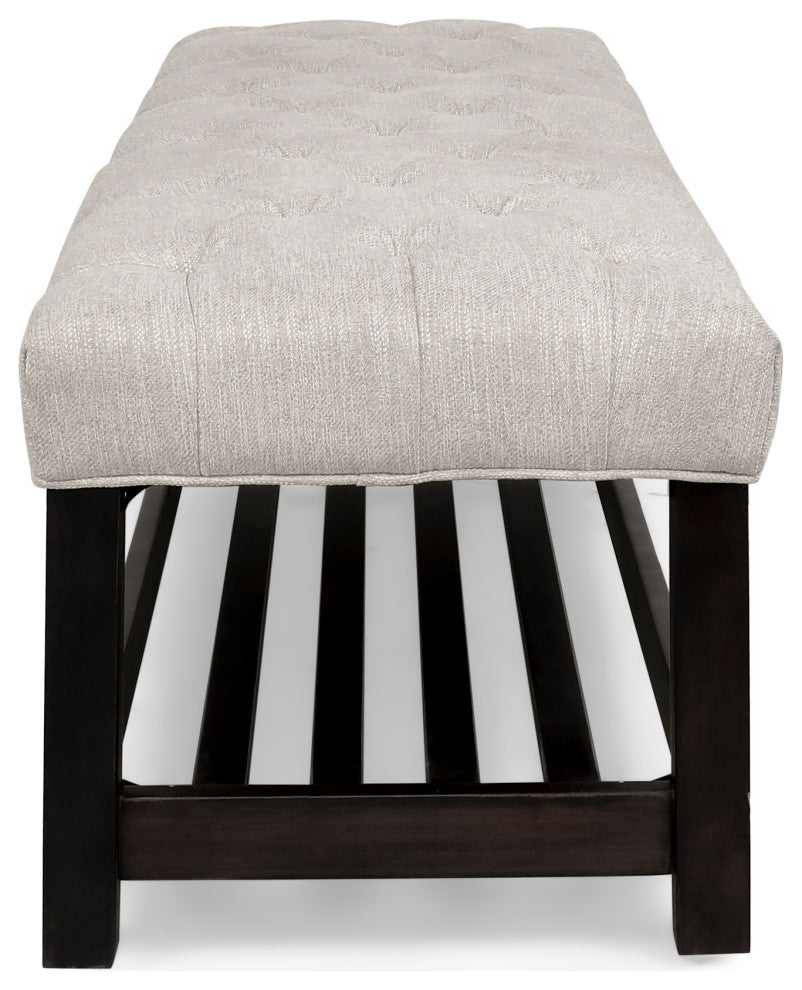 Pelon Contemporary Button Tufted Bench With Shelf, Beige/Dark Walnut