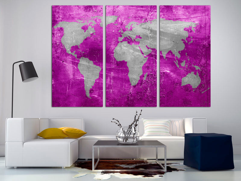 Pink Purple And Silver World Map Canvas Print, 3 Panel Split, Triptych
