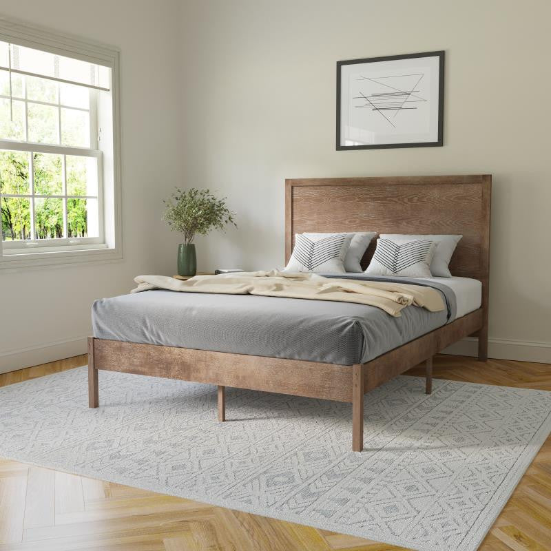 Asher Solid Wood Platform Bed with Wooden Slats and Headboard, Light Brown, Full