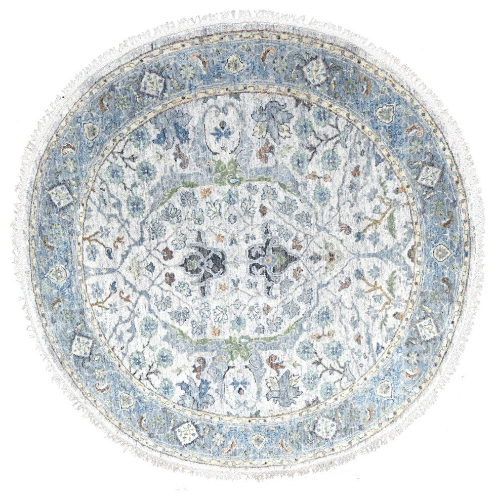 Light Gray Oushak Denser Weave Wool Round Hand Knotted Oriental Rug  5'x5'