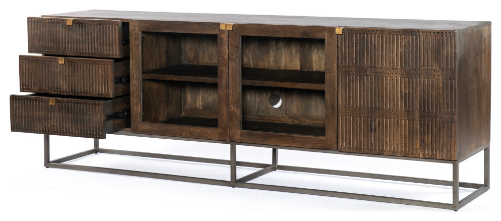 Kelby Media Console-Carved Vintage Brown