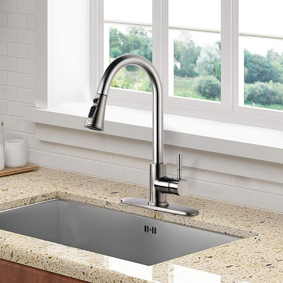 Single Handle Deck Mounted High Arc Pull Down Kitchen Faucet with Sprayer, Brush