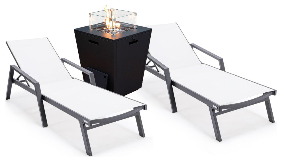 LeisureMod Marlin Chaise Lounge Chair With Arms and Fire Pit Table, White