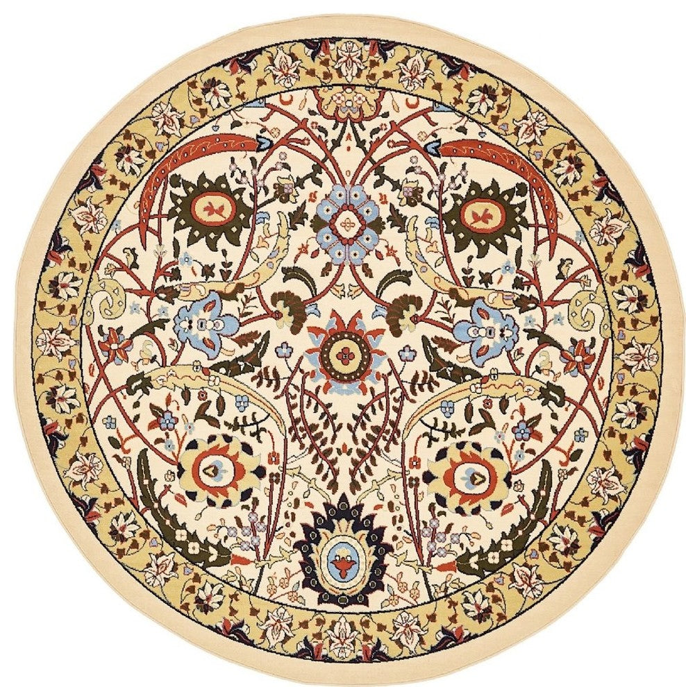 Country and Floral Kashan 8' Round Creme Area Rug