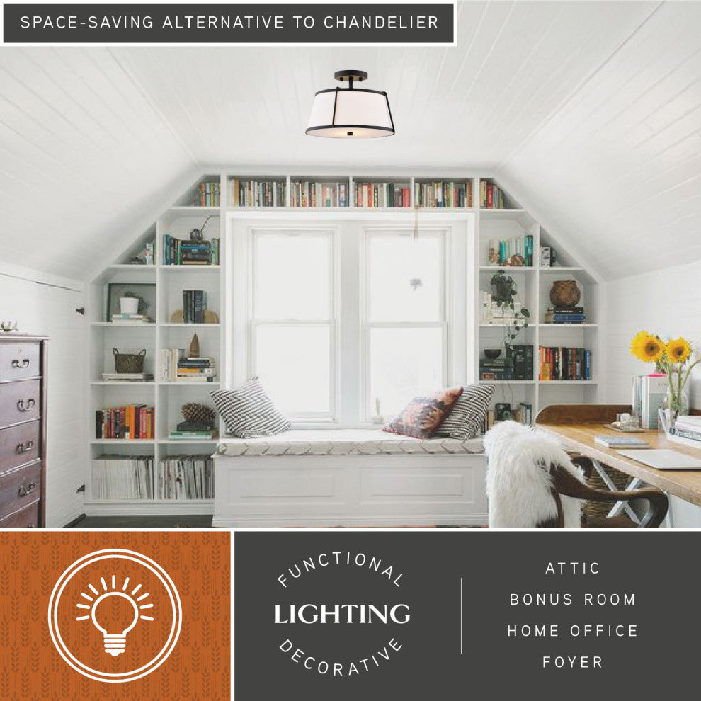 Marion 2-Light Gold Mid-Century Modern Drum Semi Flush Mount Ceiling Fixture, Matte Black